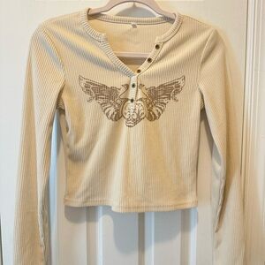 Cream Long Sleeve Henley with Butterfly Design